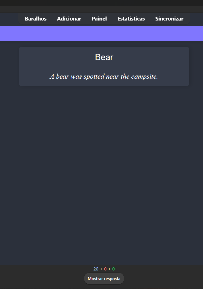 Frente do card no Anki: a palavra Bear e a frase de exemplo em inglês 'A bear was spotted near the campsite'